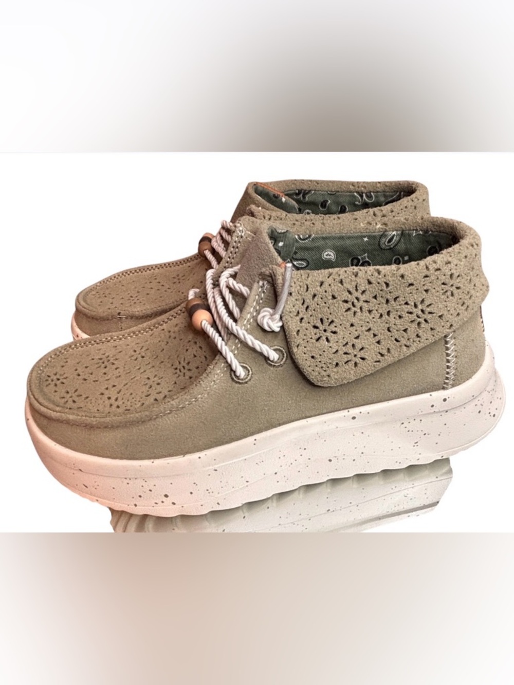 Hey Dude Olive Green Suede Sneakers with Cream Sole and Tan Accent Size W5